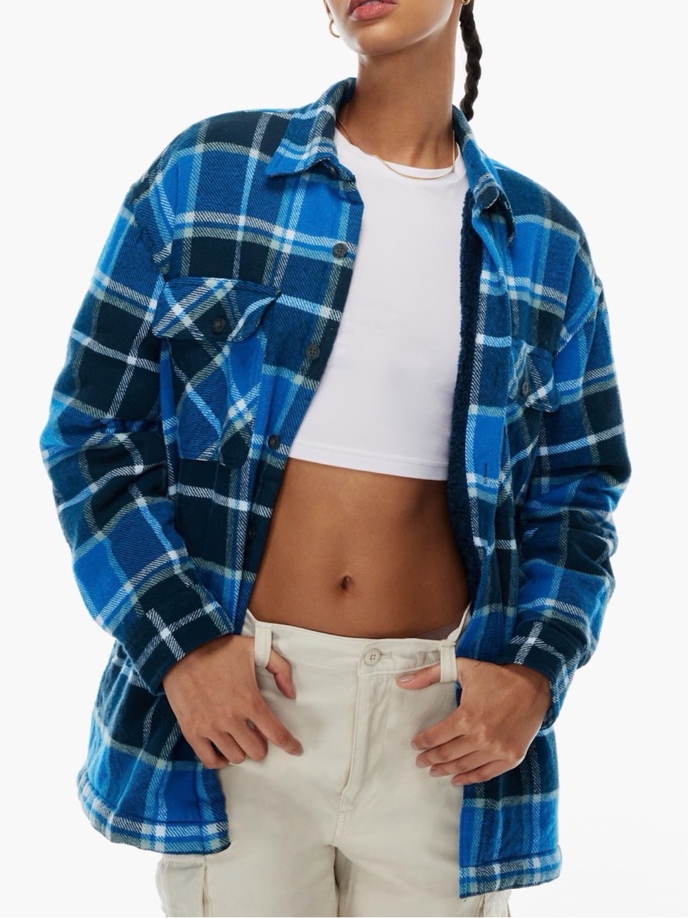 Aritzia TNA Prospect Plaid Shirt Shacket Blue